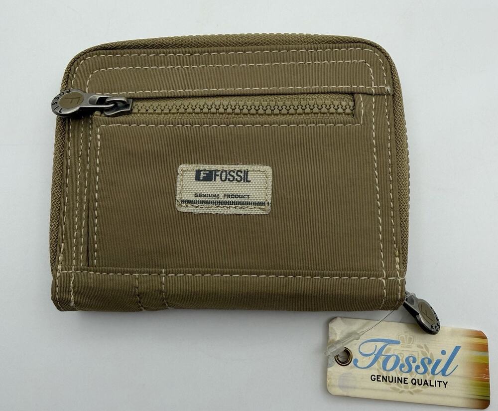Fossil Wallet Khaki Zip Around Woven Logo Patch Front Back Zip New